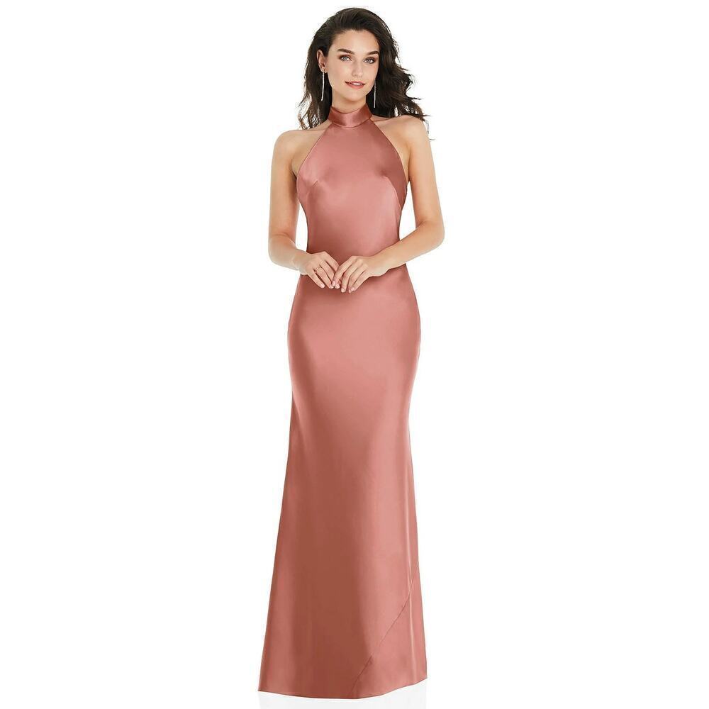 Social Bridesmaids Dress Scarf Tie High Neck Halter Slip Maxi Desert Rose XL